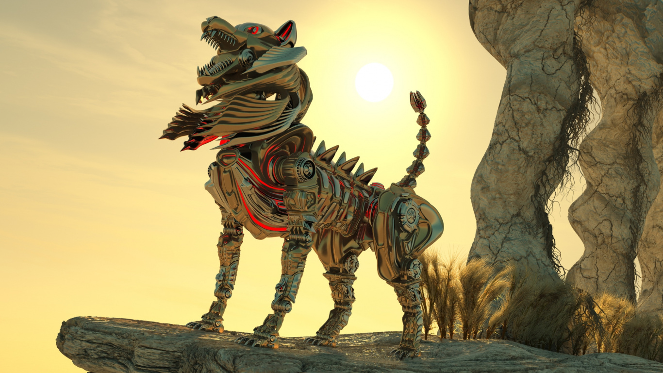 Обои робот, дракон, скульптура, организм, динозавр в разрешении 1366x768