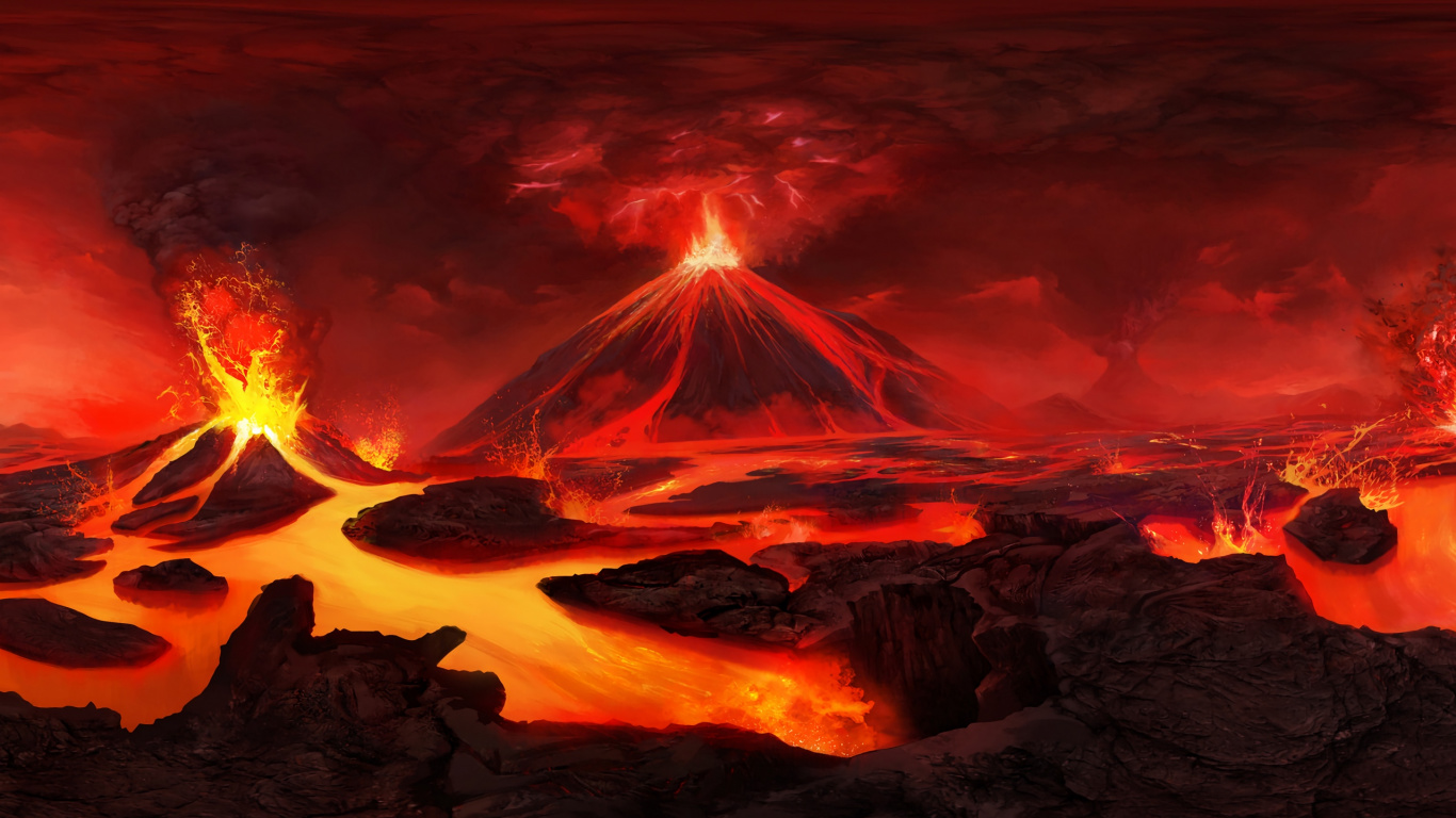 Обои вулкан, лава, тепло, вулканического рельефа, пейзаж в разрешении 1366x768