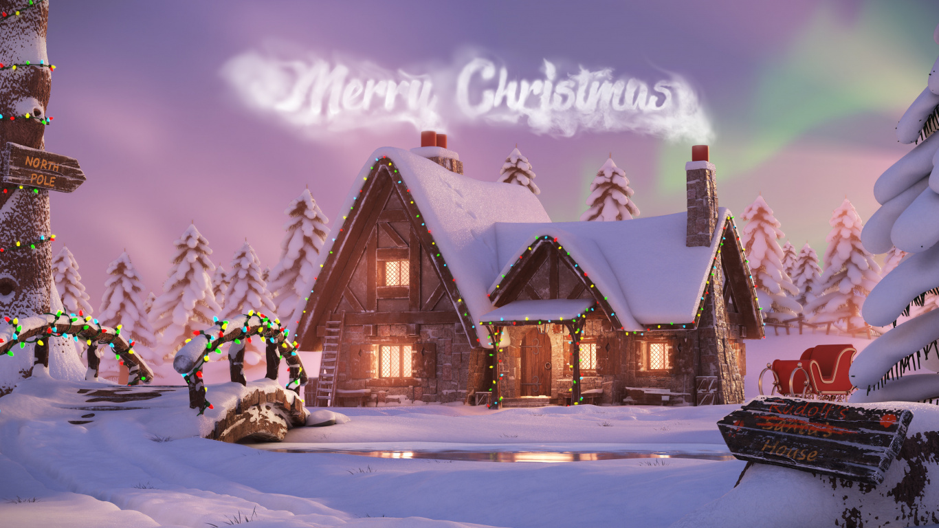 Обои Рождество, Санта-Клаус, снег, растение, свет в разрешении 1366x768