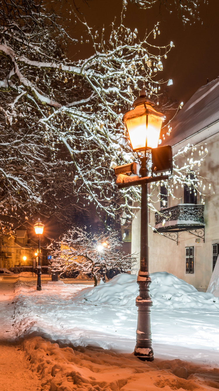 Обои Загреб, зима, город, снег, ночь в разрешении 750x1334