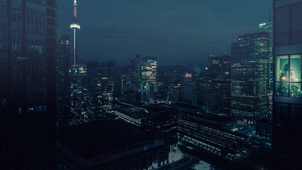 Обои горизонт, небоскреб, городской пейзаж, ночь, линия горизонта в разрешении 1280x720