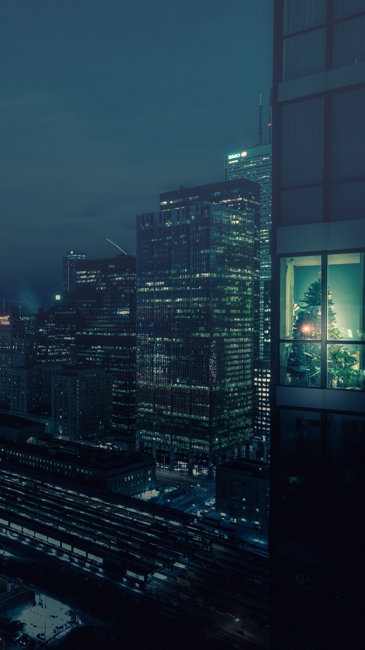 Обои горизонт, небоскреб, городской пейзаж, ночь, линия горизонта в разрешении 720x1280