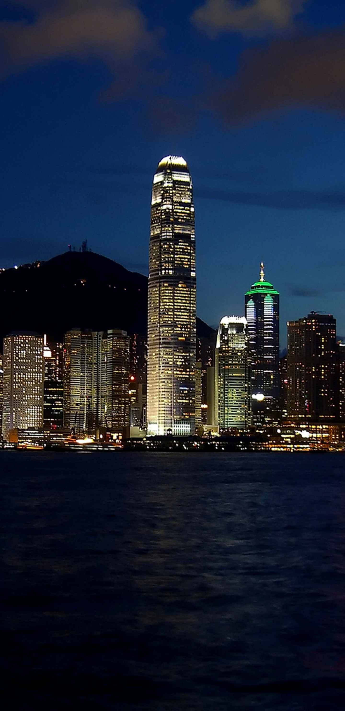 Обои Гавань Виктория, город, городской пейзаж, линия горизонта, ночь в разрешении 1440x2960