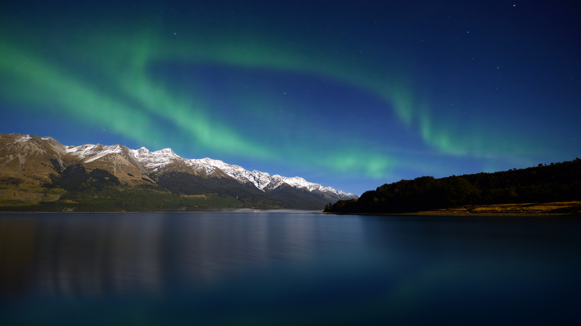 Обои Аврора, природа, озеро, фьорд, нагорье в разрешении 1920x1080