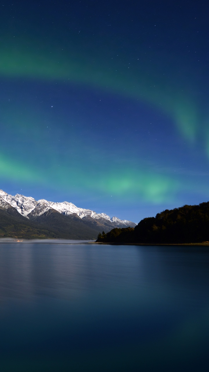 Обои Аврора, природа, озеро, фьорд, нагорье в разрешении 720x1280