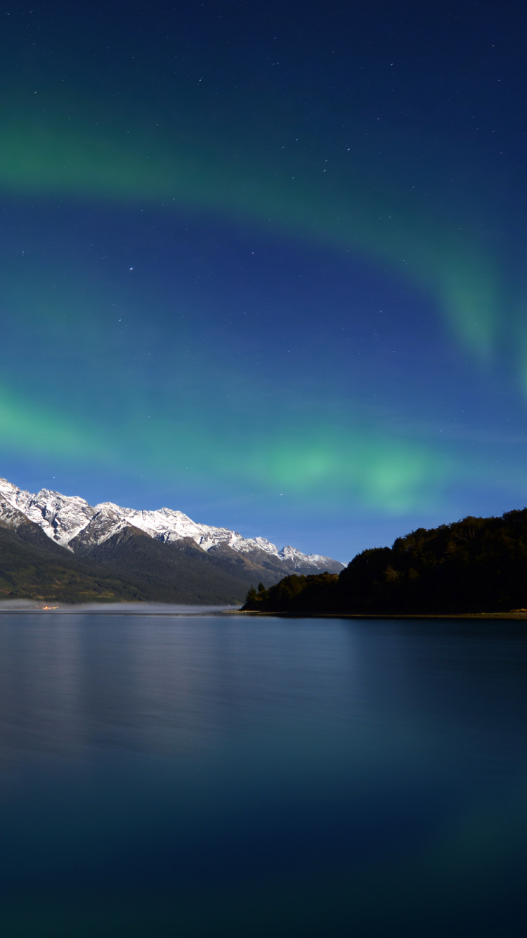 Обои Аврора, природа, озеро, фьорд, нагорье в разрешении 750x1334