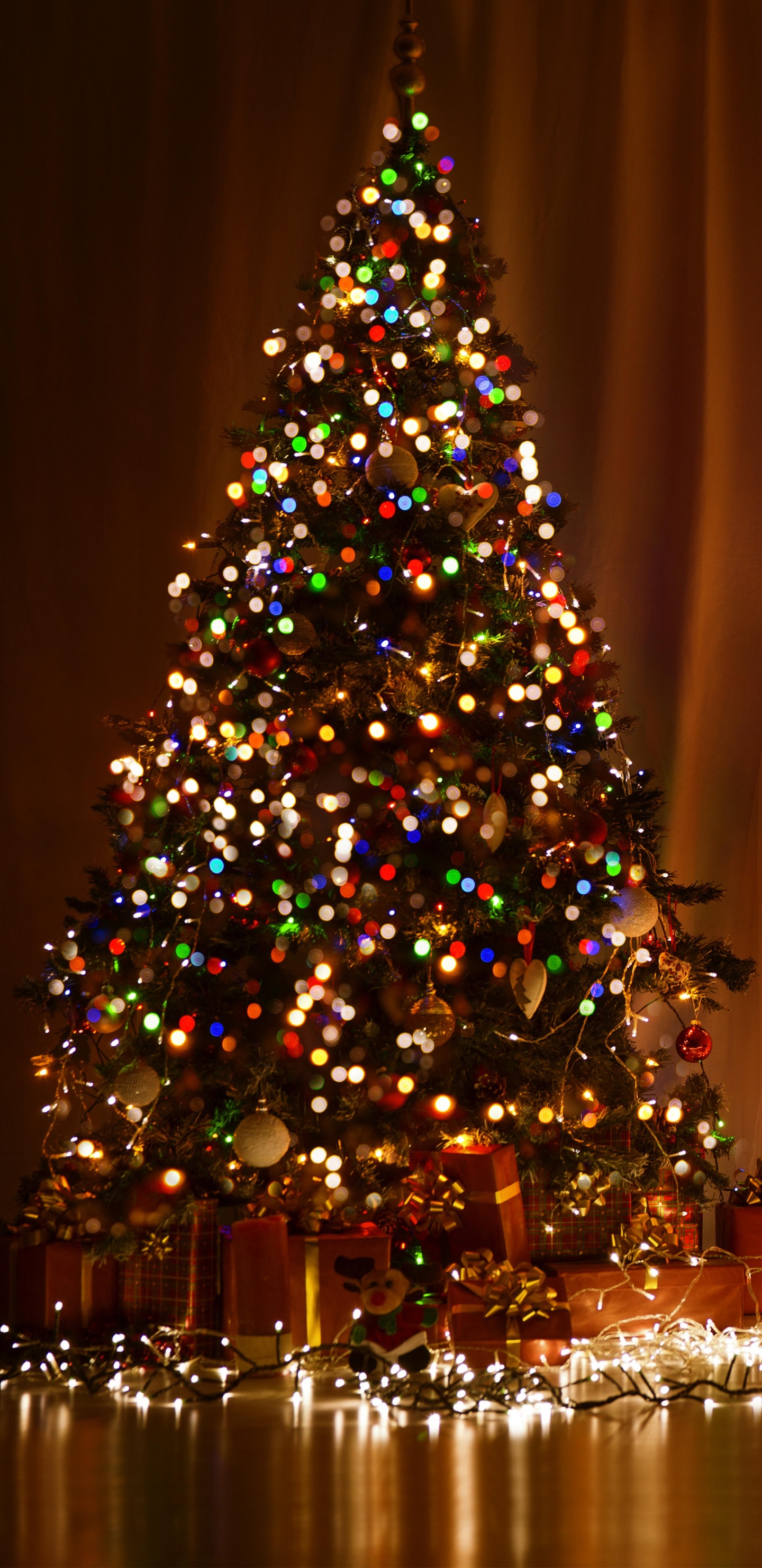 Обои Рождественский день, елка, Рождественские огни, Рождественские украшения, праздник в разрешении 1440x2960