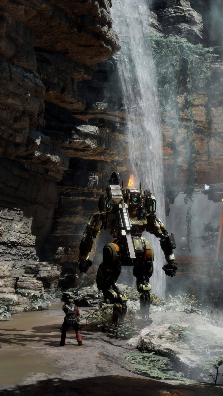 Обои titanfall 2, вода, водопад, водоток, формирование в разрешении 750x1334