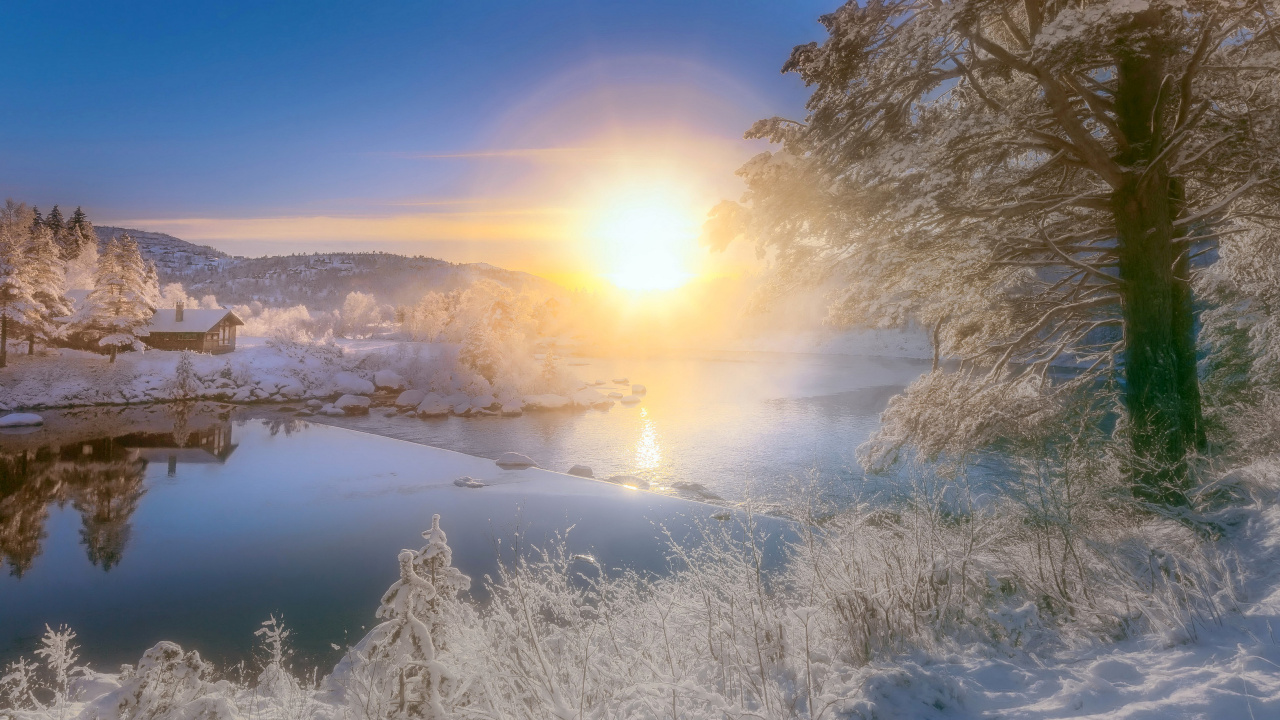 Обои закат, природа, отражение, утро, зима в разрешении 1280x720
