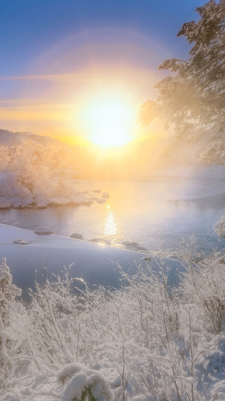 Обои закат, природа, отражение, утро, зима в разрешении 720x1280