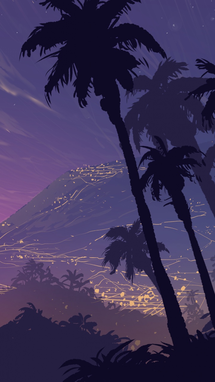 Обои природа, дерево, Пальма, пурпур, утро в разрешении 720x1280