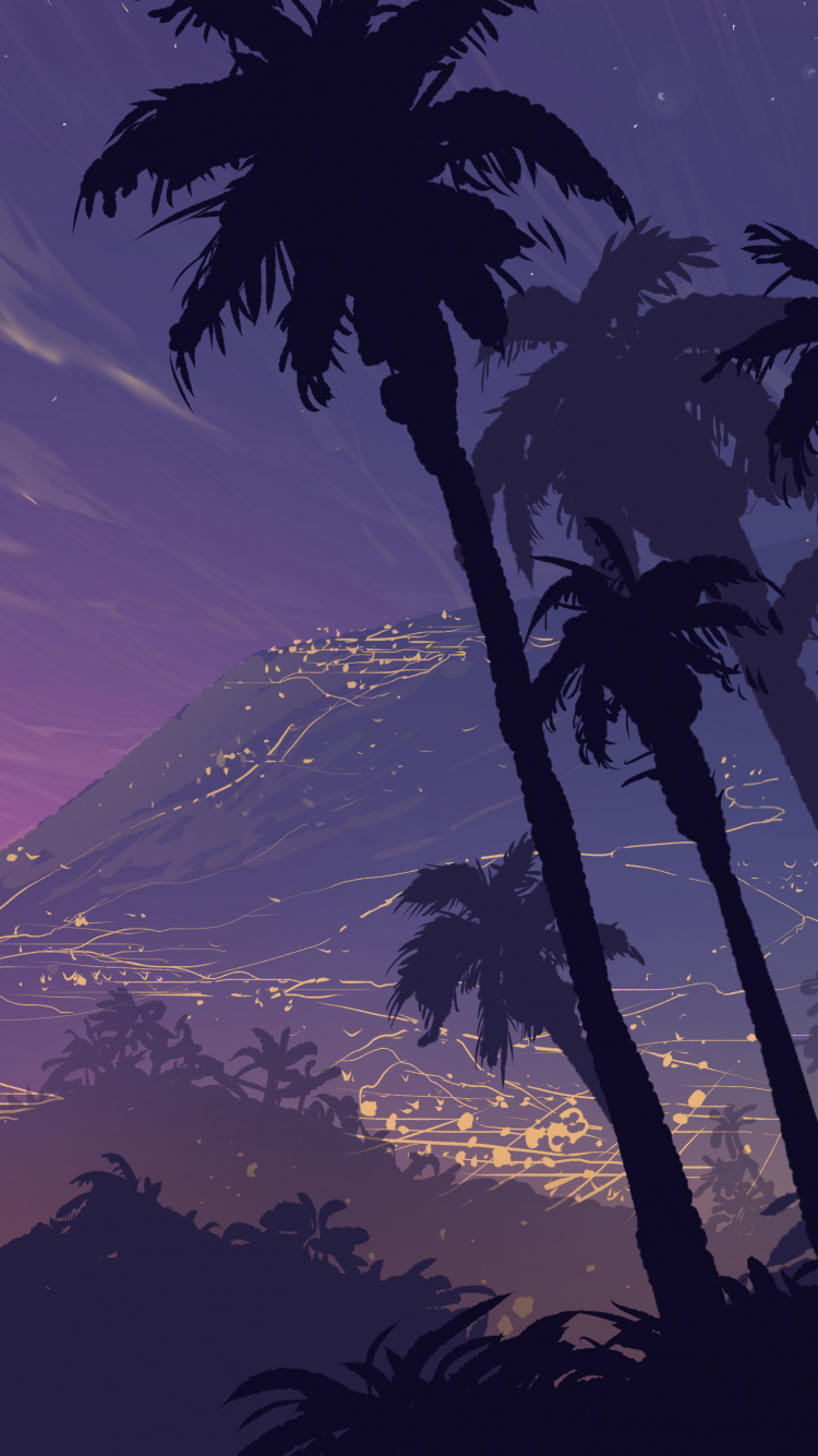 Обои природа, дерево, Пальма, пурпур, утро в разрешении 750x1334