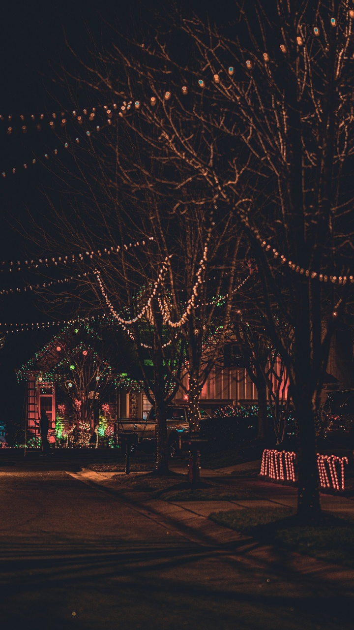 Обои Рождественские огни, гирлянда, уличный фонарь, украшение, орнамент в разрешении 720x1280