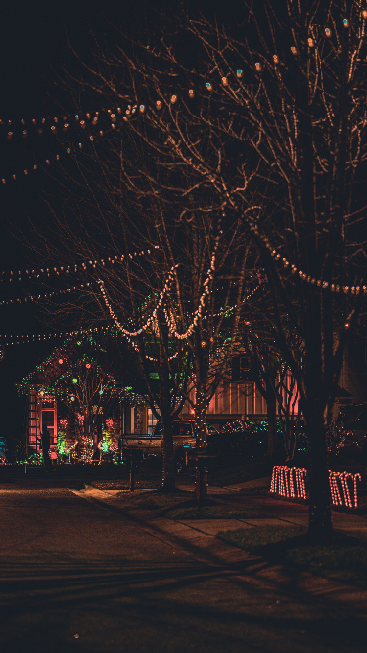 Обои Рождественские огни, гирлянда, уличный фонарь, украшение, орнамент в разрешении 750x1334