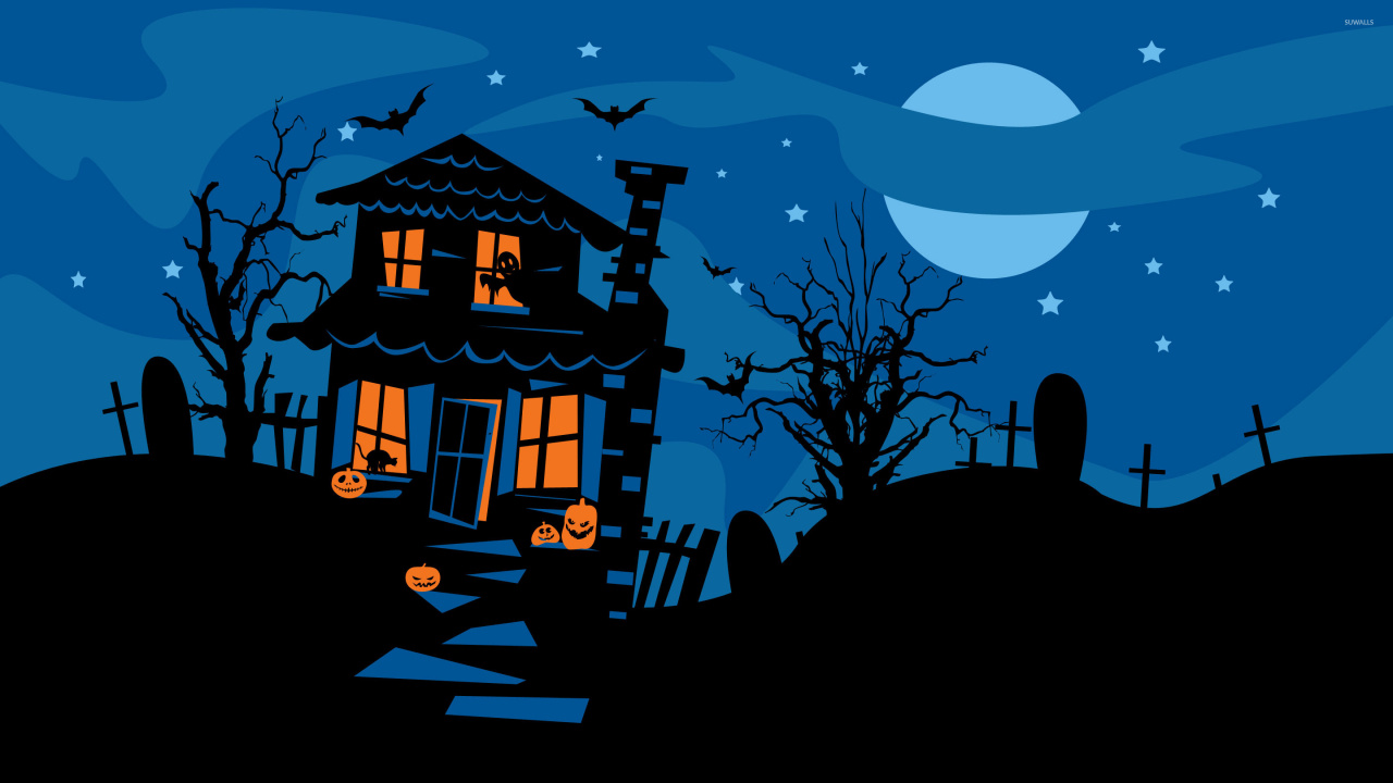 Обои Хэллоуин, дом с привидениями, иллюстрация, ночь, дерево в разрешении 1280x720
