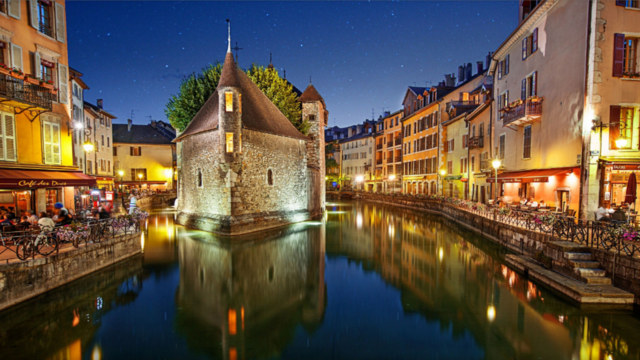 Обои Пале де Лиль, водный путь, канал, ночь, отражение в разрешении 1280x720