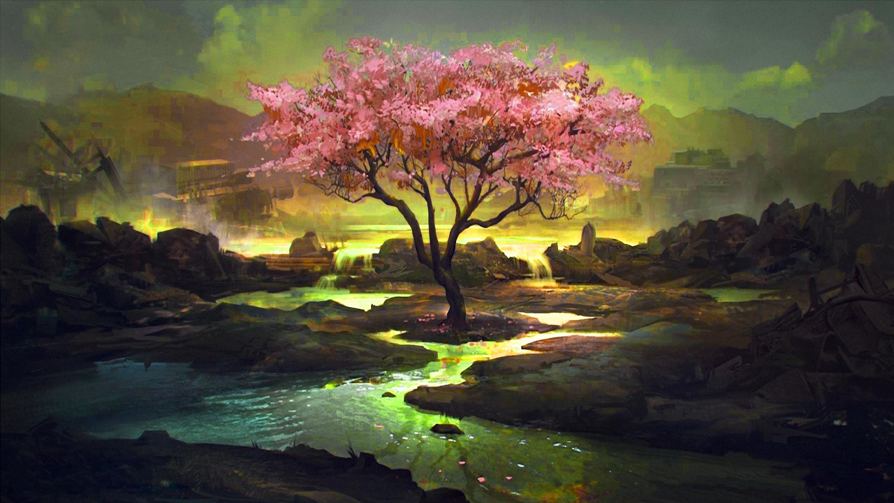 Обои арт, цветение вишни, живопись, природа, дерево в разрешении 1280x720