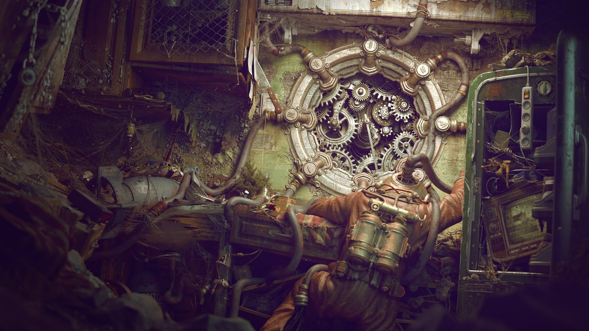 Обои стимпанк, темнота, Научная фантастика, ночь, Панк-субкультура в разрешении 1920x1080