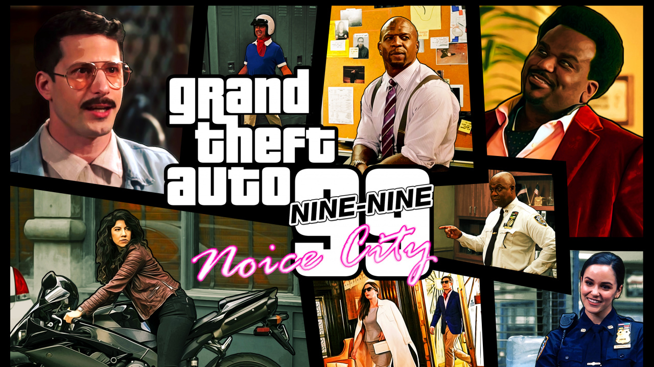 Обои Бруклин Девять-Девять, grand theft auto v, коллаж, кино, арт в разрешении 1280x720