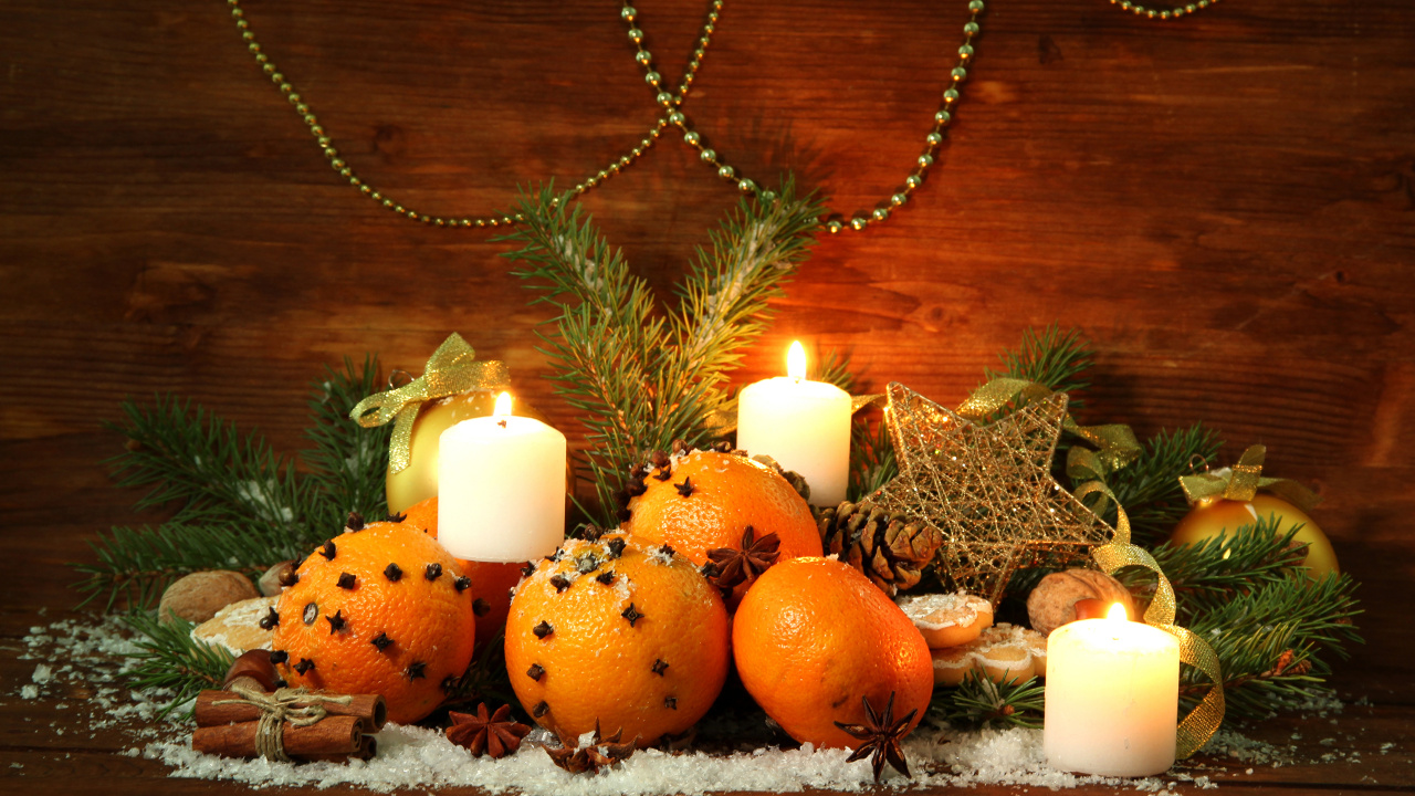 Обои Рождественский день, натюрморт, тыквы, свеча, овощ в разрешении 1280x720