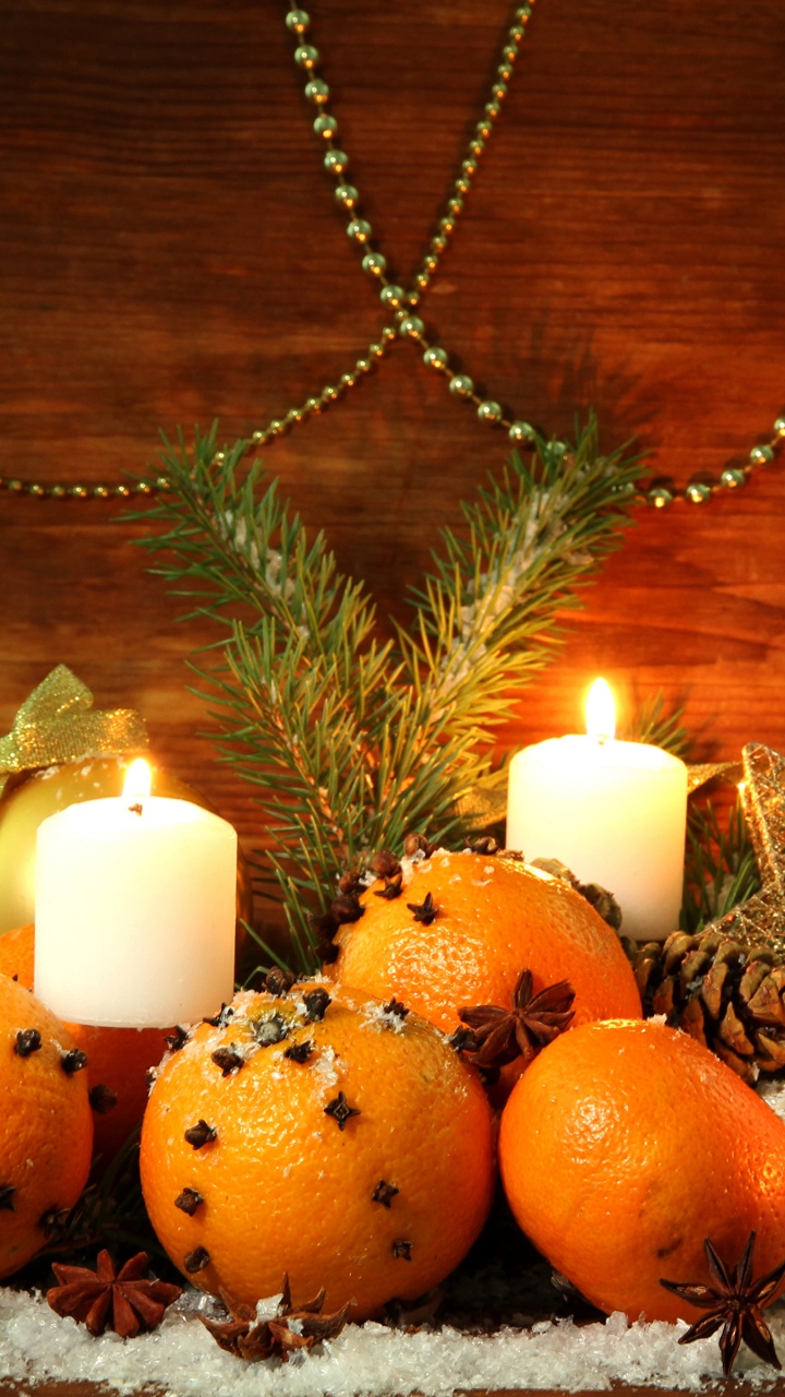 Обои Рождественский день, натюрморт, тыквы, свеча, овощ в разрешении 720x1280