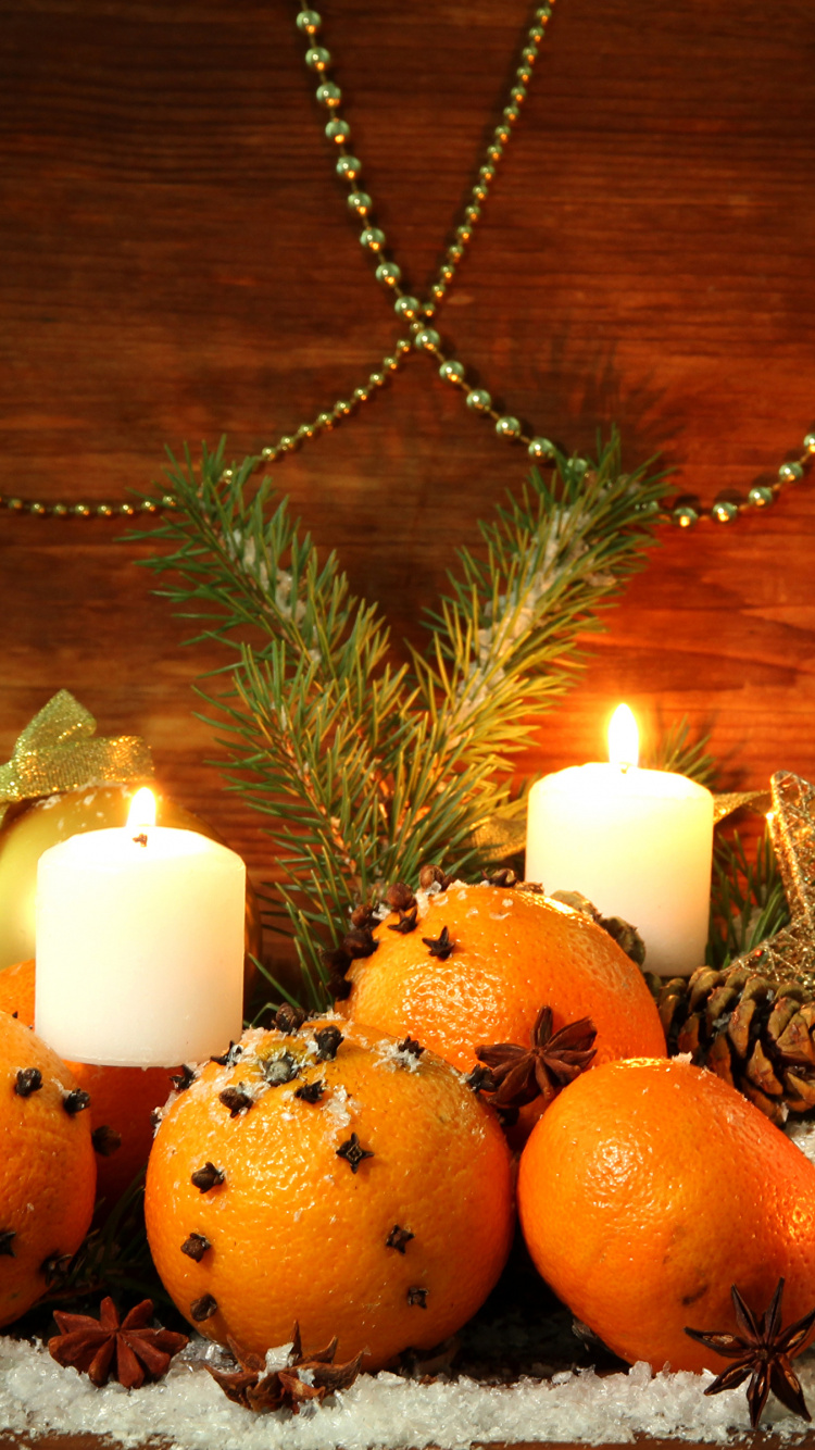Обои Рождественский день, натюрморт, тыквы, свеча, овощ в разрешении 750x1334
