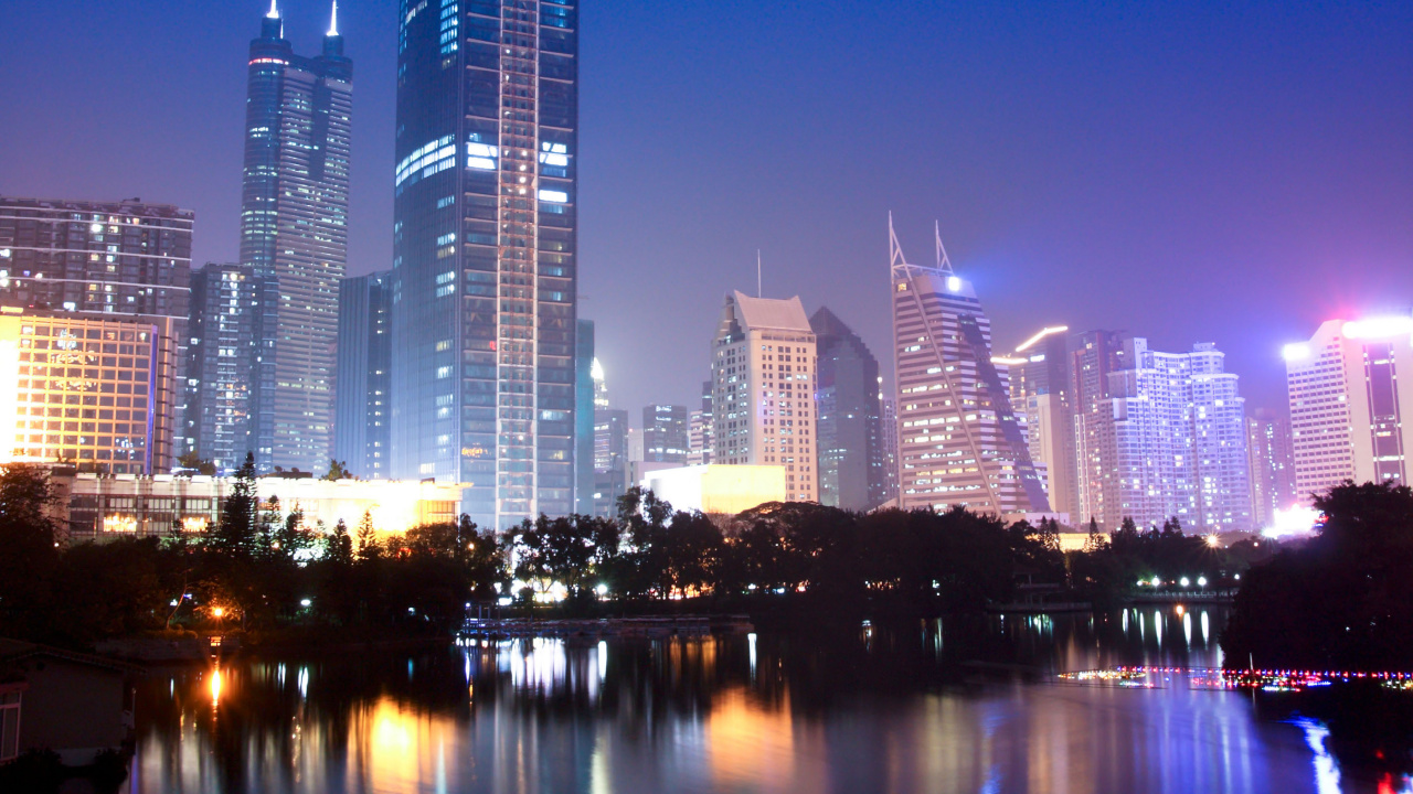 Обои город, городской пейзаж, метрополия, линия горизонта, отражение в разрешении 1280x720