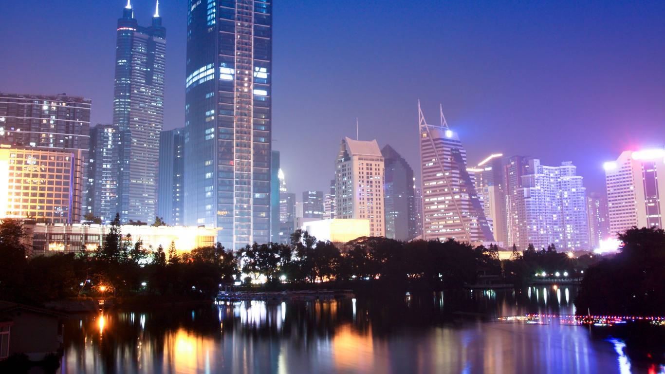 Обои город, городской пейзаж, метрополия, линия горизонта, отражение в разрешении 1366x768