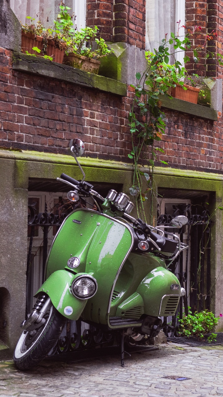 Обои Скутер, мотоцикл, мопед, Веспа, зеленый в разрешении 720x1280