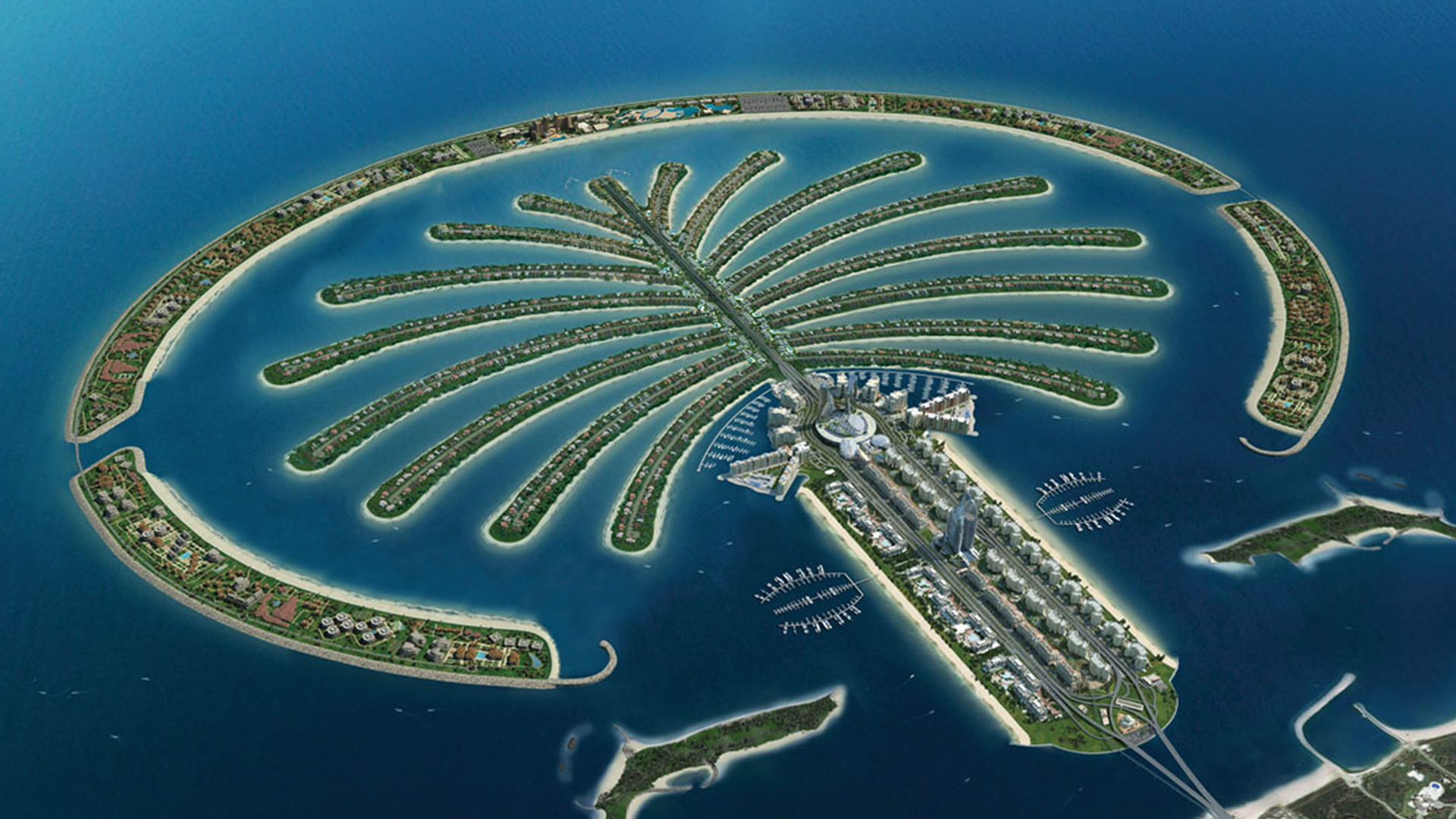 Обои Пальма Джумейра, искусственный остров, Остров, прибрежные и океанические рельефы, вода в разрешении 1920x1080