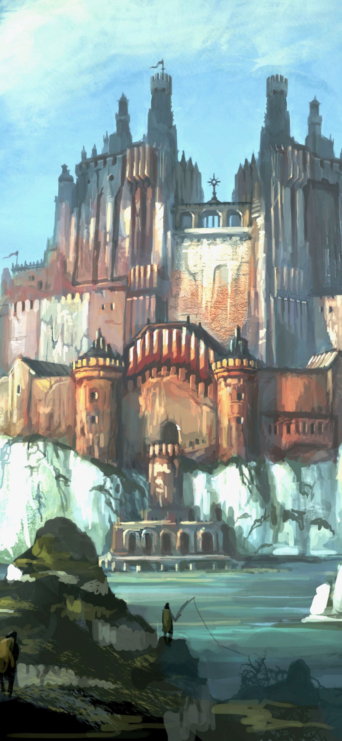 Обои замок, средневековая архитектура, акварельные краски, живопись, водные элементы в разрешении 1125x2436