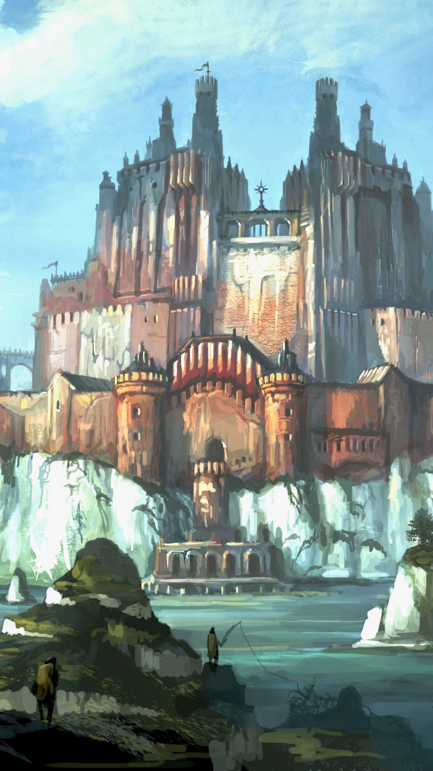 Обои замок, средневековая архитектура, акварельные краски, живопись, водные элементы в разрешении 1440x2560