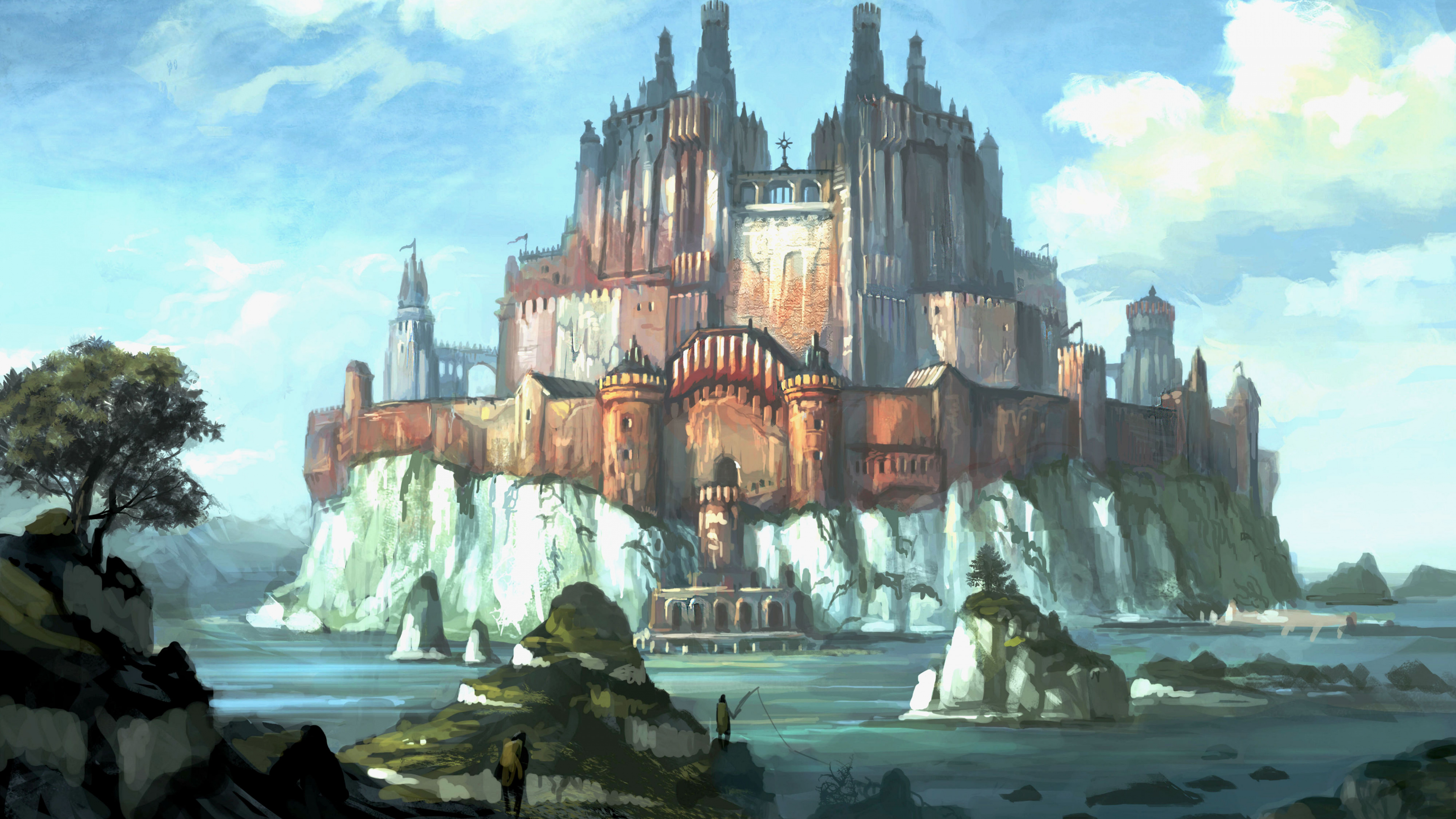 Обои замок, средневековая архитектура, акварельные краски, живопись, водные элементы в разрешении 3840x2160