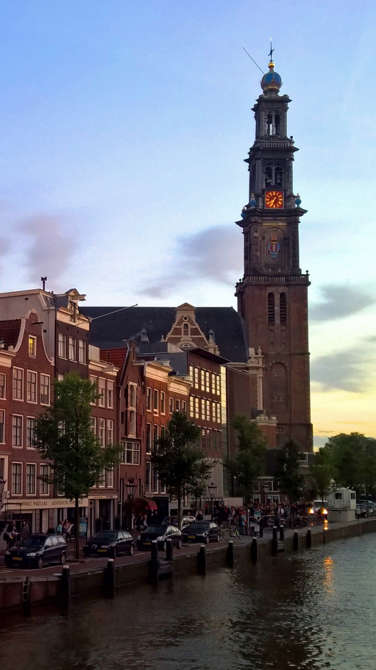 Обои Вестеркерк, канал, здание, архитектура, водный путь в разрешении 750x1334