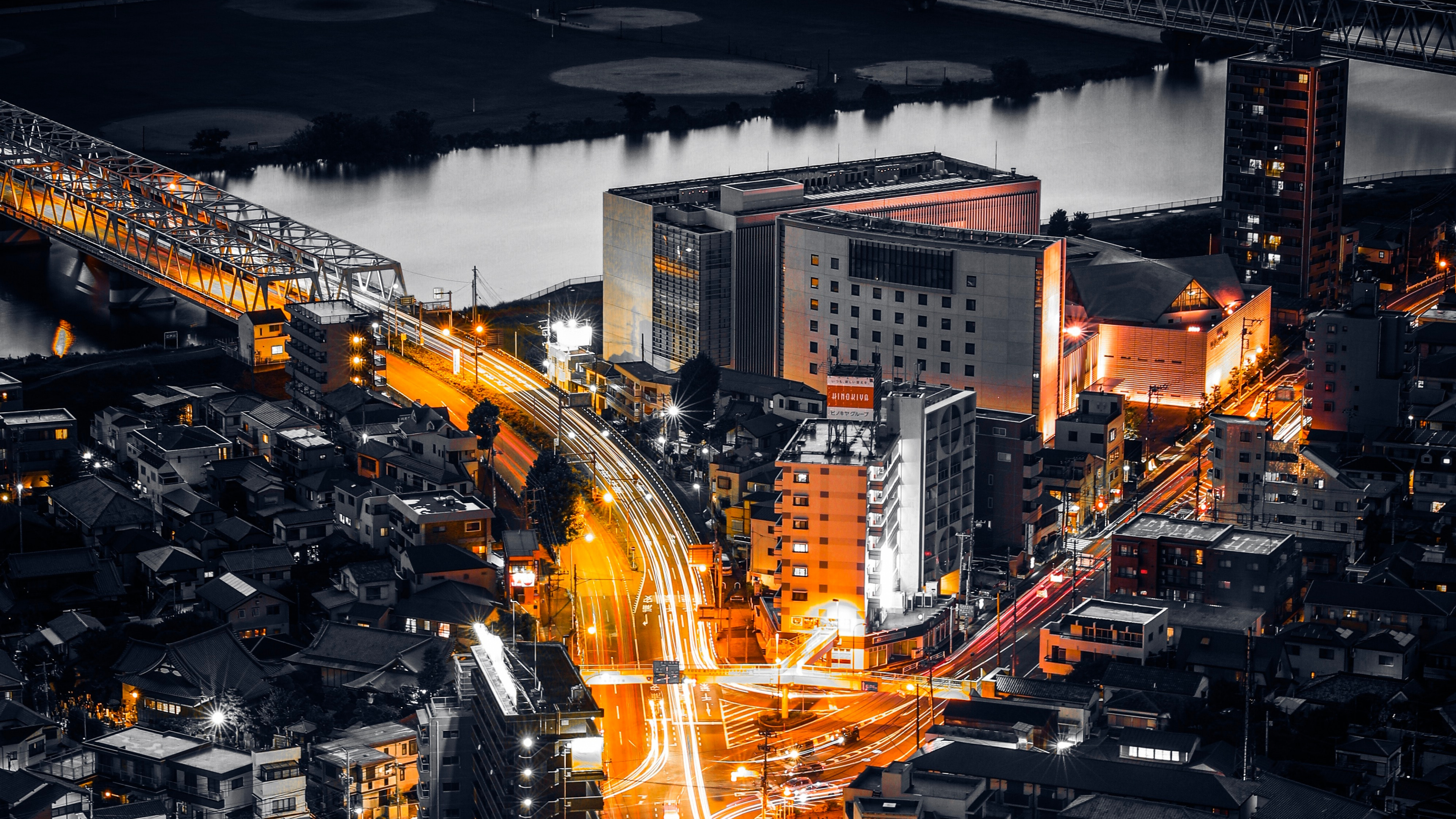 Обои ночь, с высоты птичьего полета, городской пейзаж, желтый, населенный пункт в разрешении 3840x2160