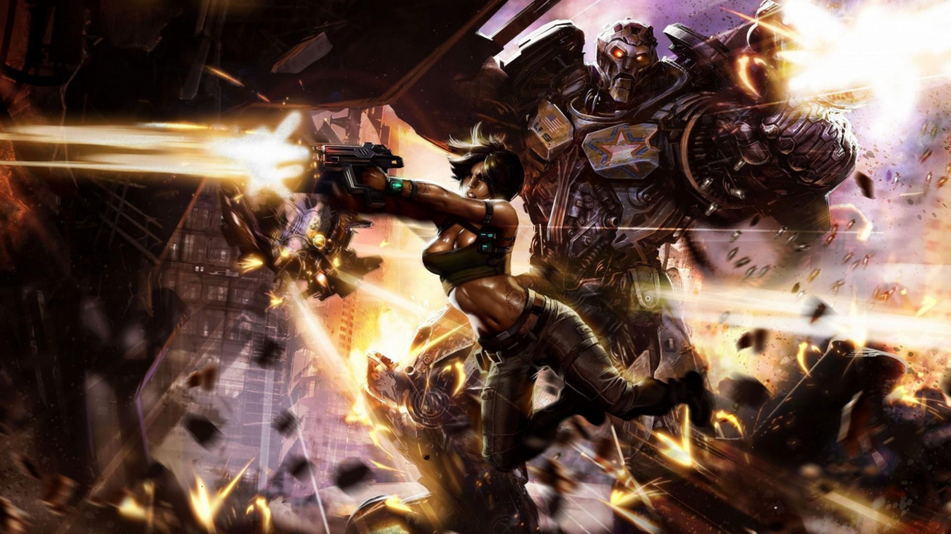 Обои киборг, меха, компьютерная игра, игры, стрельба в разрешении 1366x768