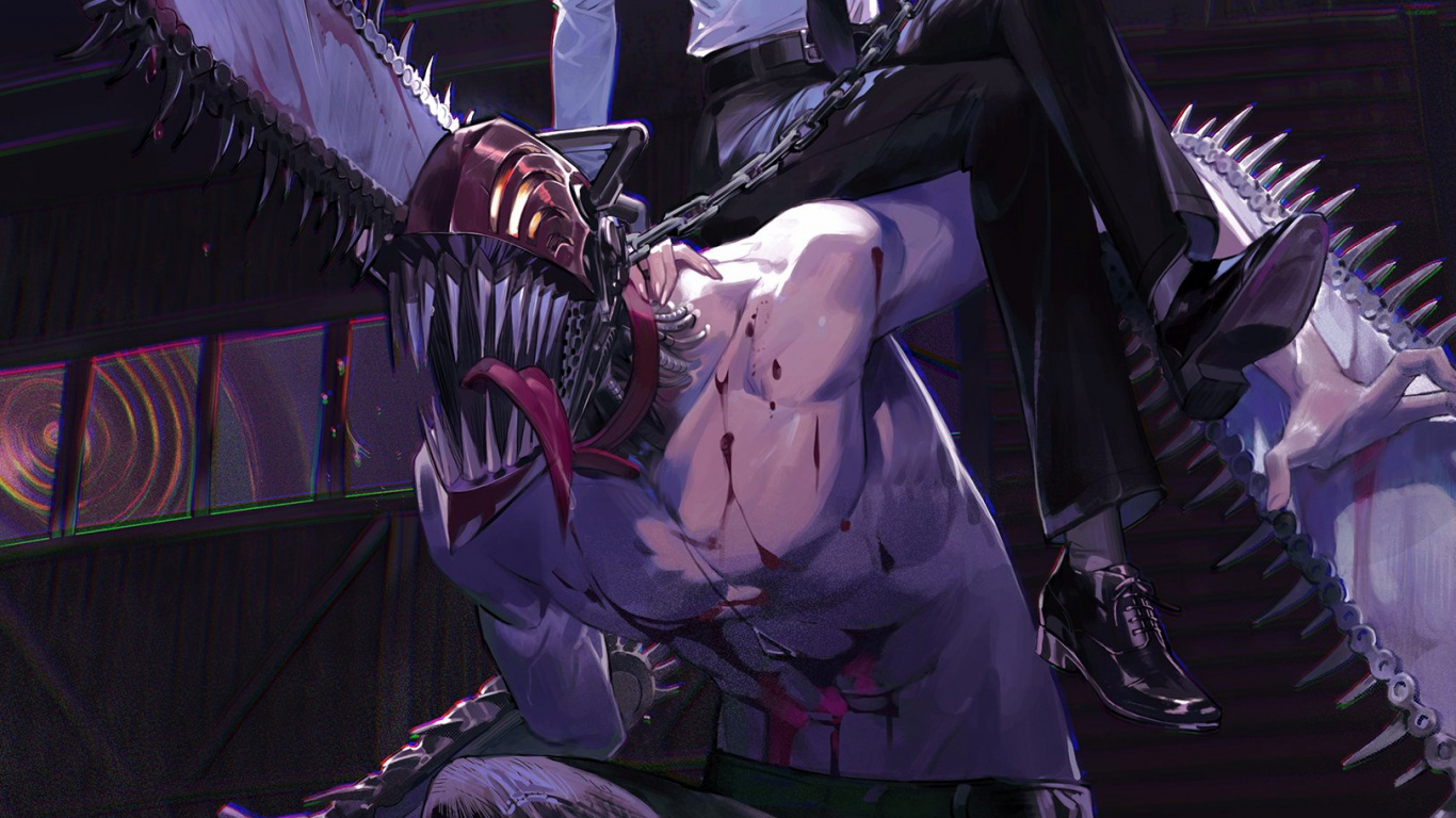 Обои бензопила человек аниме, бензопила, достойный, аниме, аниме арт в разрешении 1366x768