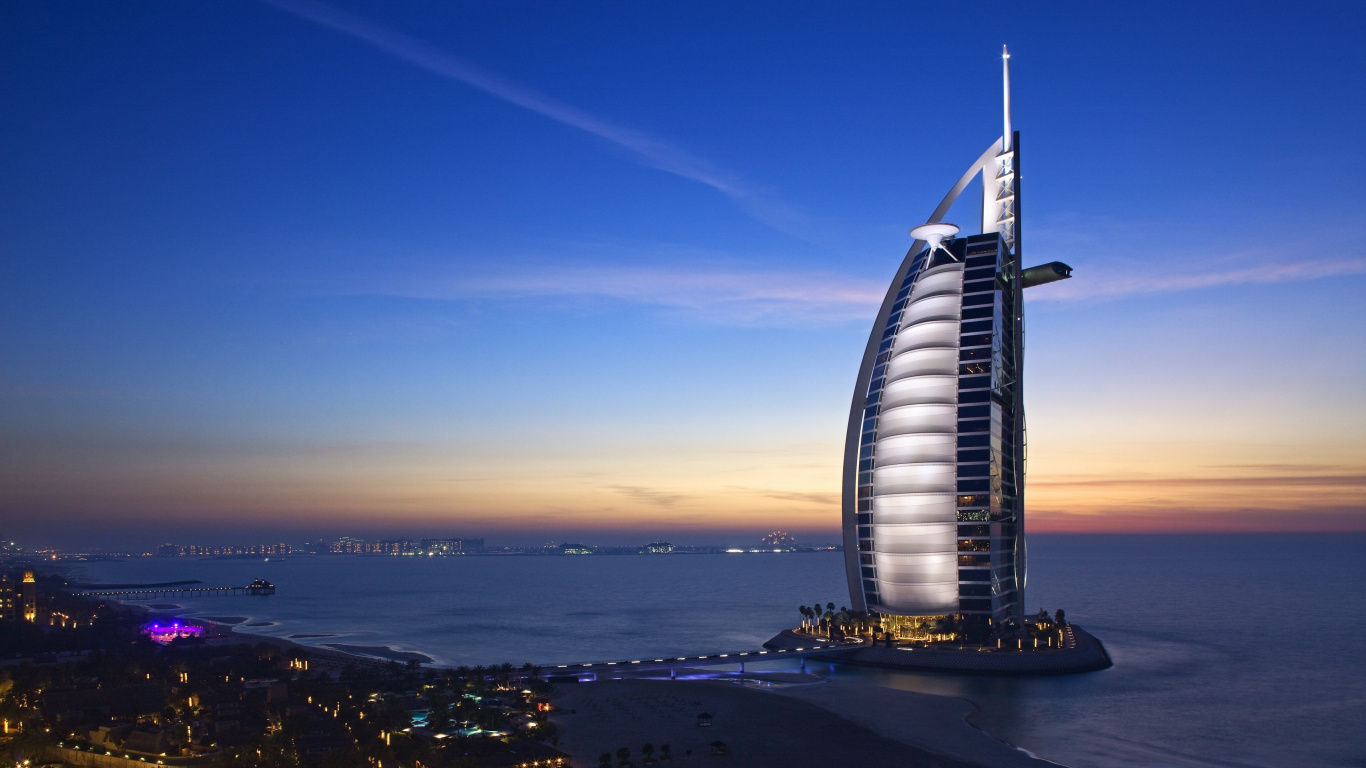 Обои Бурдж Аль араб, Джумейра, ориентир, небоскреб, вышка в разрешении 1366x768
