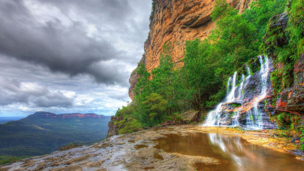 Обои водопад, природный ландшафт, природа, вода, водоток в разрешении 1280x720