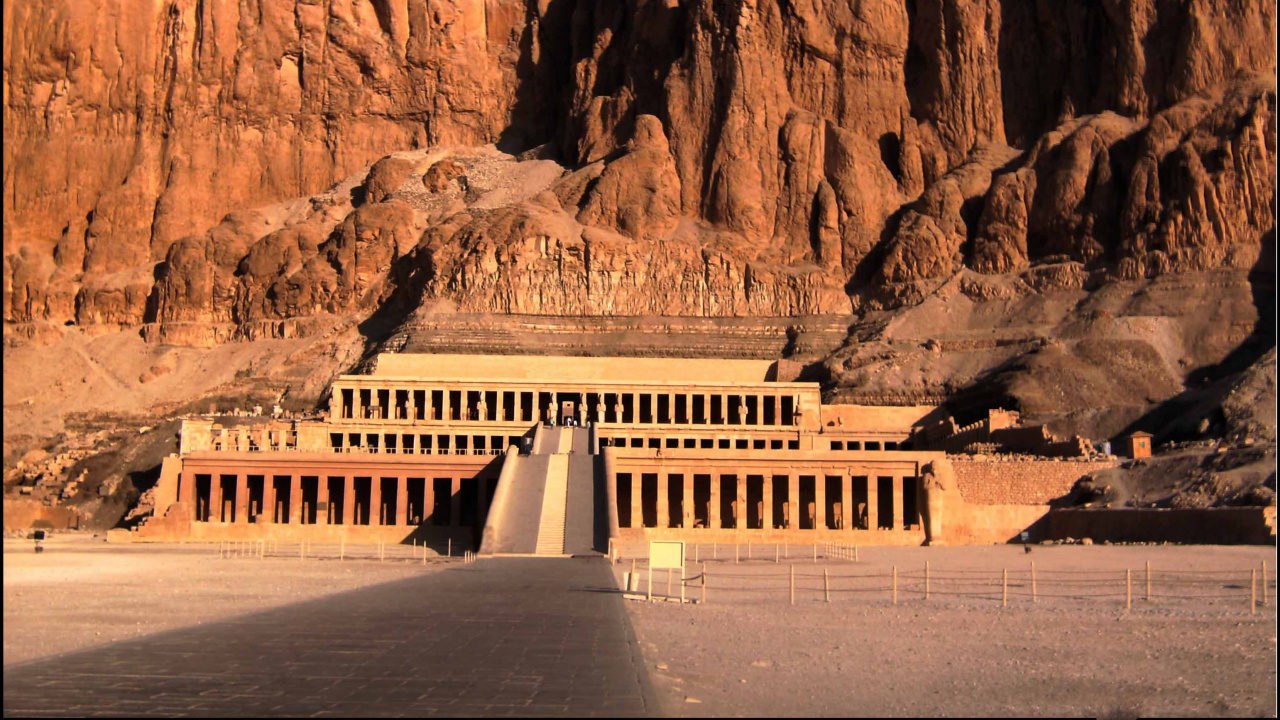 Обои Храм Хатшепсут, Дейр-эль-Бахри, погребальный храм, Колоссы Мемнона, ориентир в разрешении 1280x720