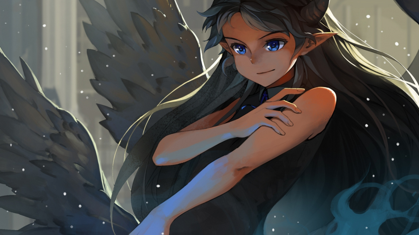 Обои иллюстрация, фея, черные волосы, девушка, челка в разрешении 1366x768