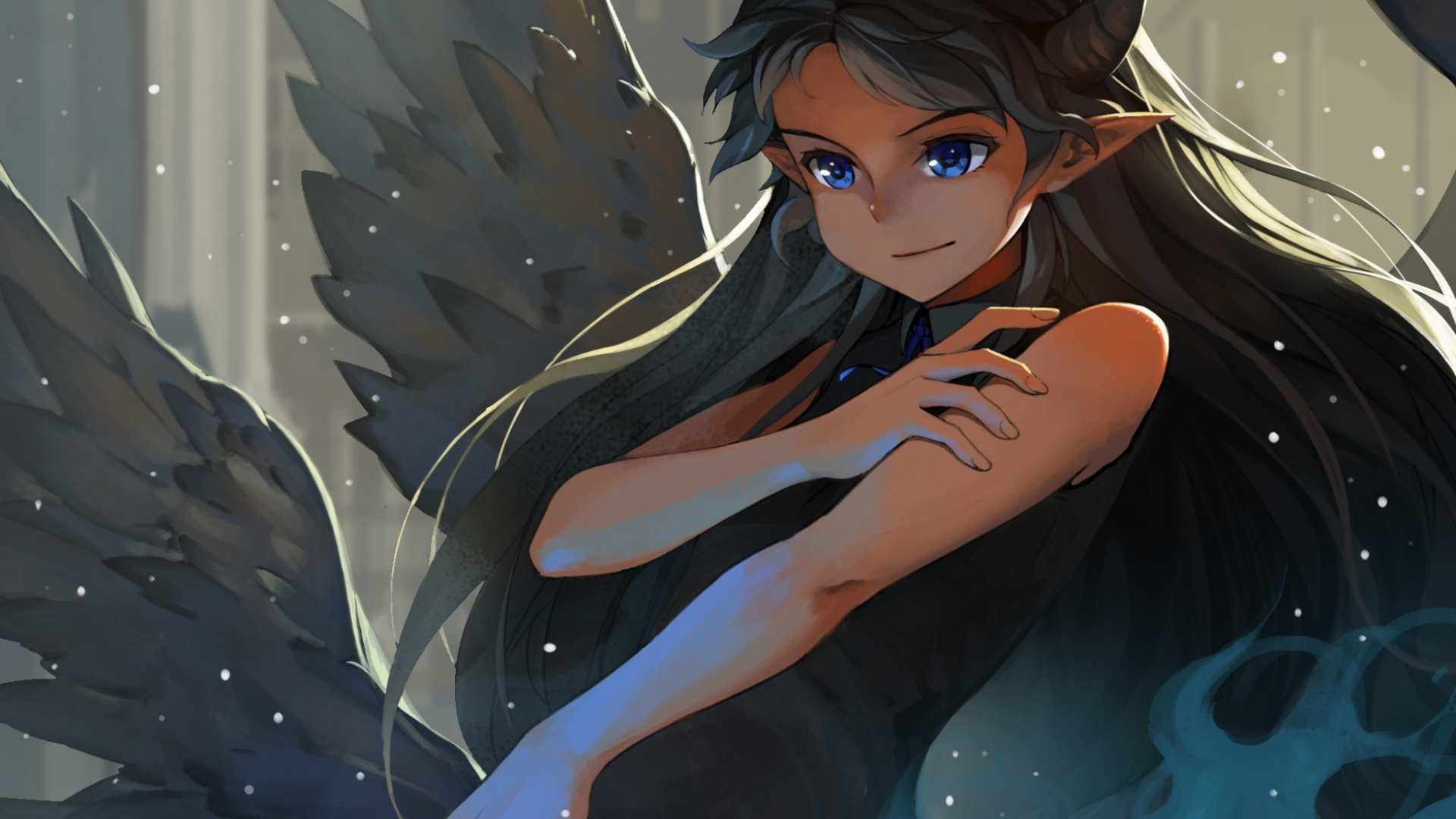 Обои иллюстрация, фея, черные волосы, девушка, челка в разрешении 1920x1080