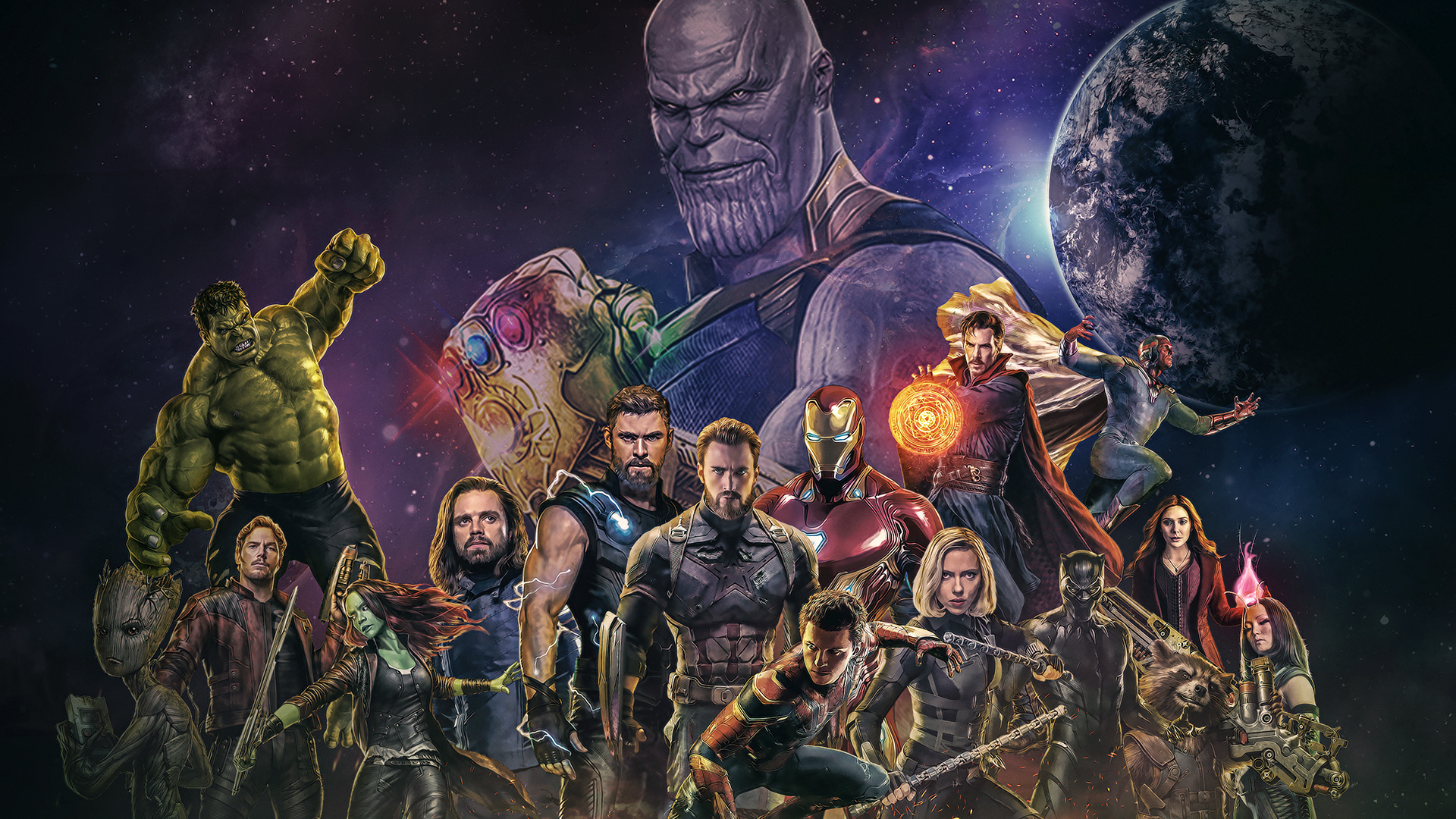 Обои Мстители Эндшпиль, Черная пантера, Мстители: Война бесконечности, Танос, Халк в разрешении 1920x1080