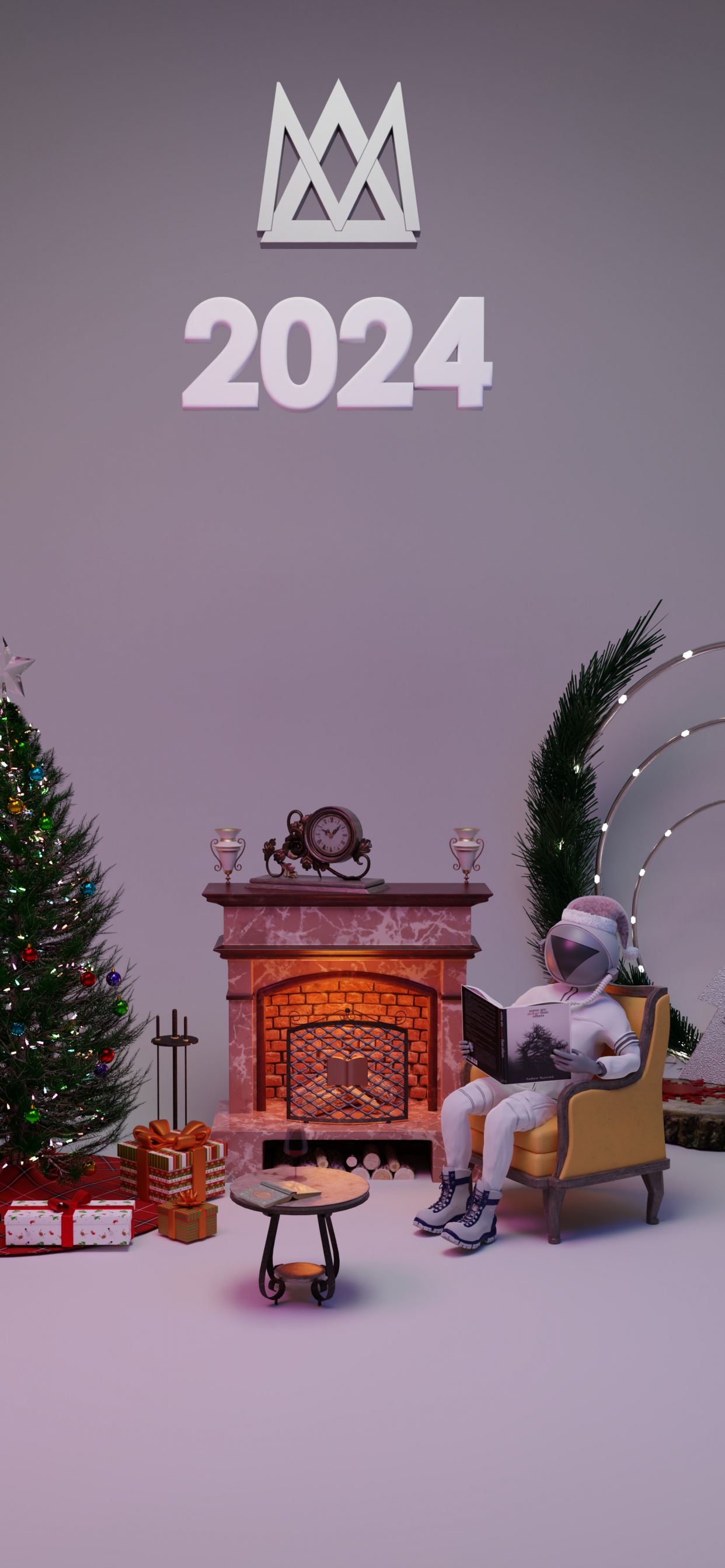 Обои книга, 3d, огни, Новый год, комната в разрешении 1242x2688