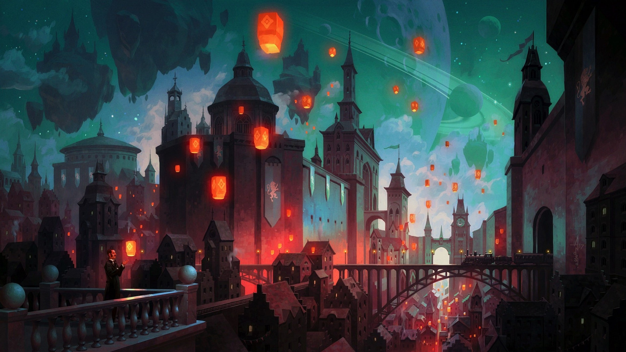 Обои фэнтези пейзаж, фантастическое искусство, фэнтези, городской пейзаж, арт в разрешении 1280x720