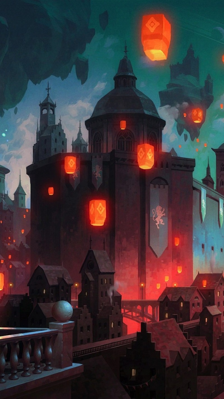 Обои фэнтези пейзаж, фантастическое искусство, фэнтези, городской пейзаж, арт в разрешении 750x1334