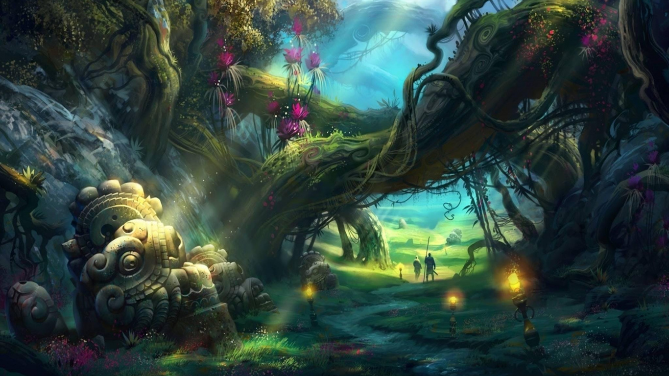 Обои фэнтези, фантастическое искусство, лес, природа, джунгли в разрешении 1366x768