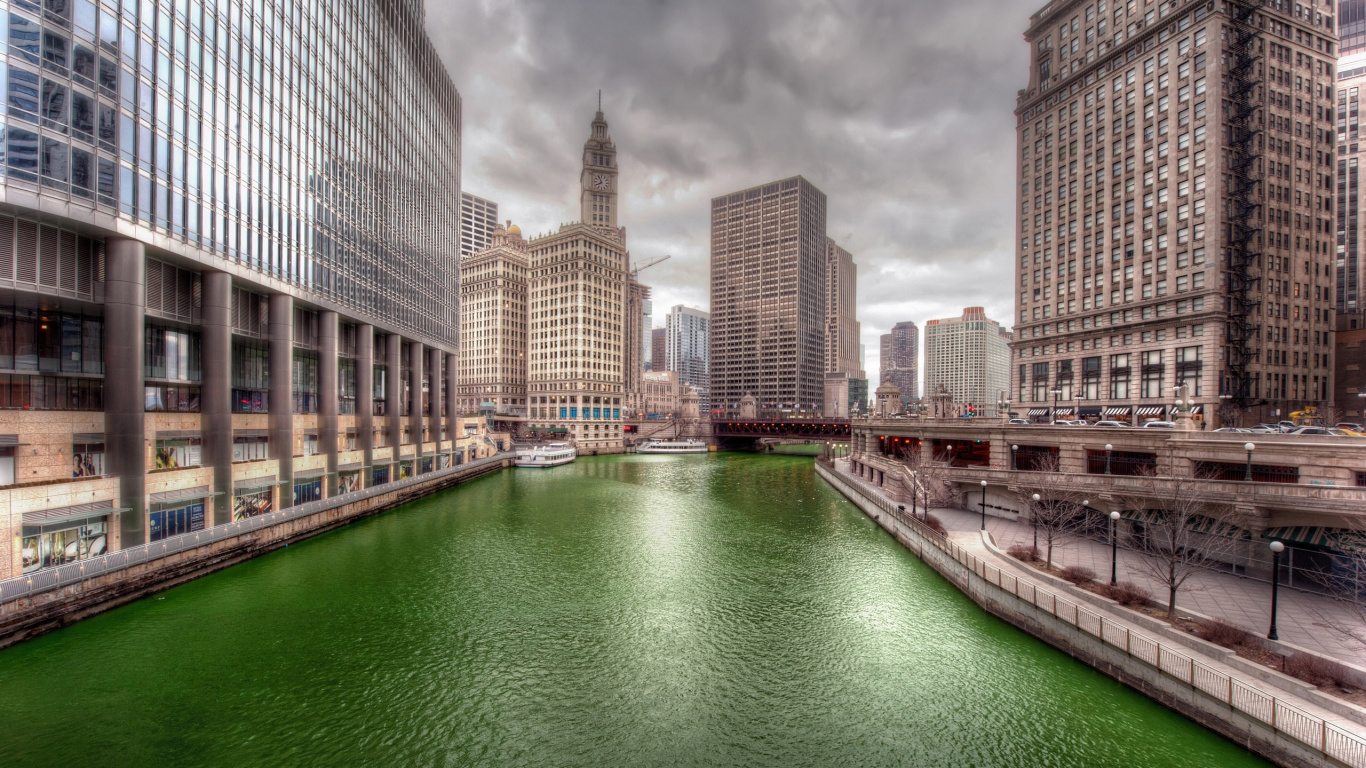 Обои река Чикаго, Чикаго, город, водный путь, городской район в разрешении 1366x768