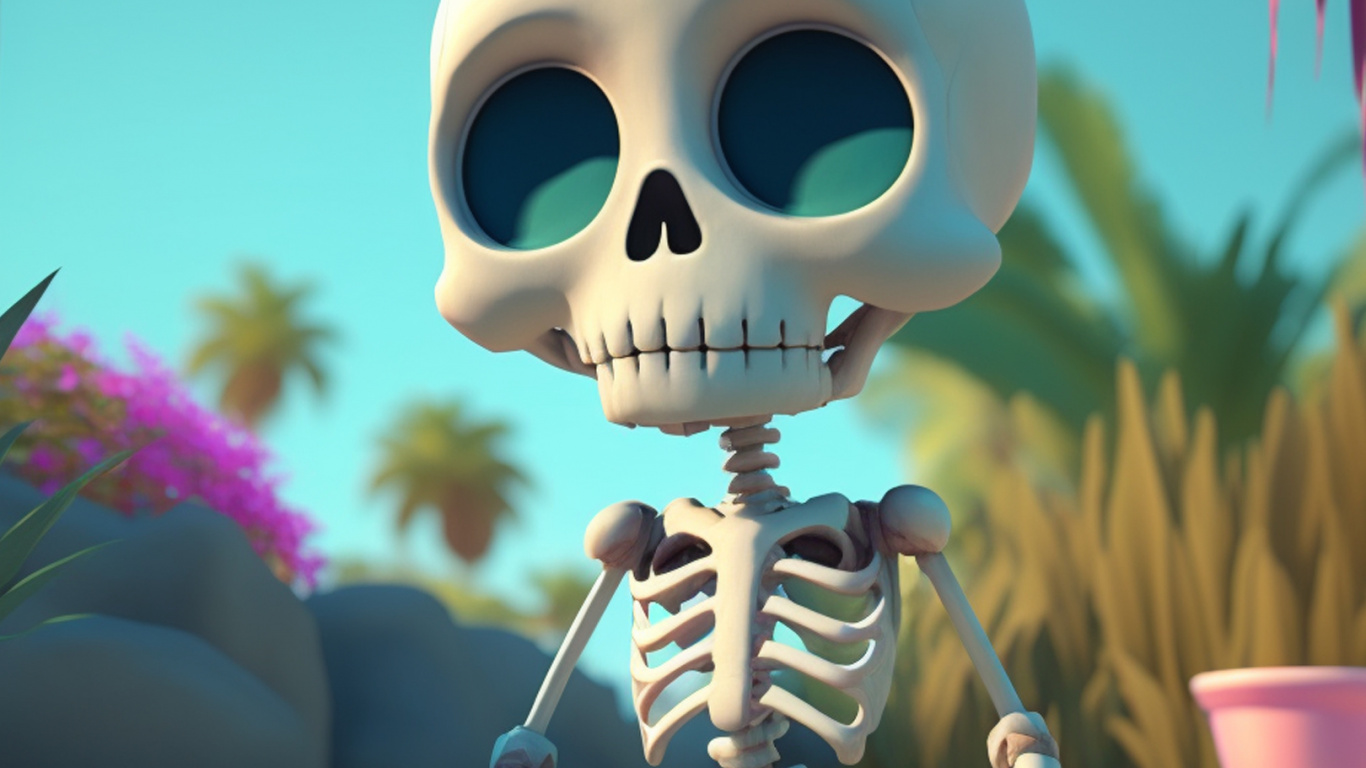 Обои череп, мультфильм, свет, лазурный, игрушка в разрешении 1366x768