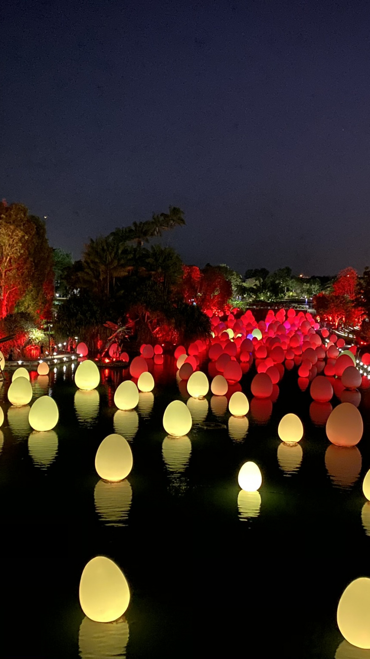 Обои Сингапур, природа, ландшафтное освещение, ночь, красный цвет в разрешении 750x1334